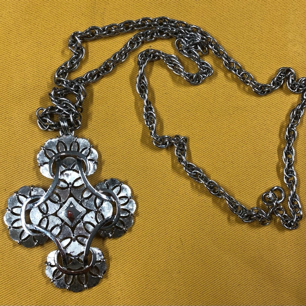 Trifari Silver-Tone Ornate Cross Festival Pendant Necklace